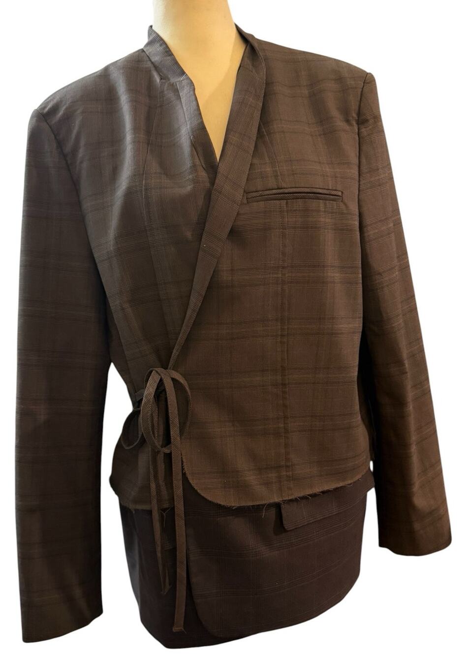 Zara Kimono Style Brown Plaid Wrap Blazer Jacket, Career Office, Size Large